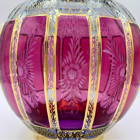 RARE Bohemian Moser Cabochon Vase 10” Cranberry Panel Intaglio, Clear Blue, 24K - Picture 5 of 16